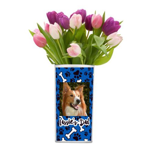 Personalized vase personalized with evidence pattern and photo and the saying "Lassie's Dad"