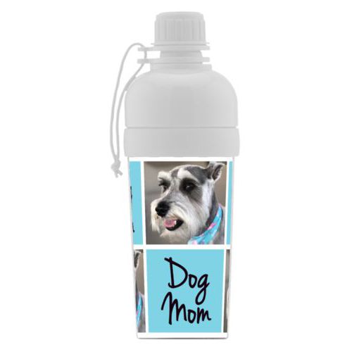 Kids water bottle personalized with a photo and the saying "dog mom" in black and sweet teal