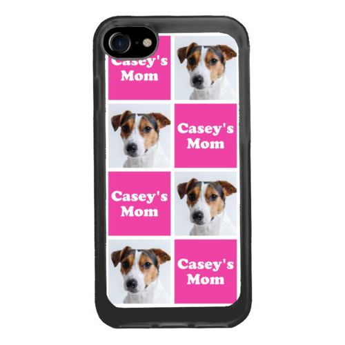 Personalized iphone 7 case personalized with a photo and the saying "Casey's Mom" in juicy pink and white