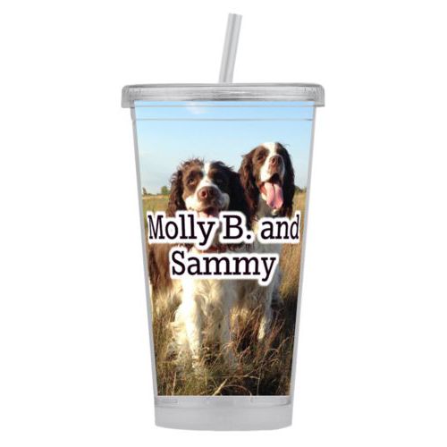 Personalized tumbler personalized with photo and the saying "Molly B. and Sammy"