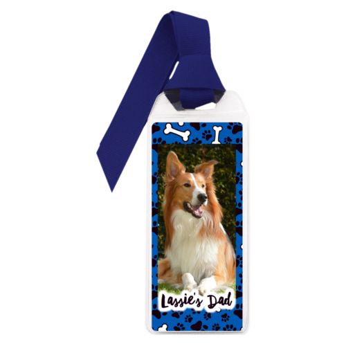 Personalized book mark personalized with evidence pattern and photo and the saying "Lassie's Dad"