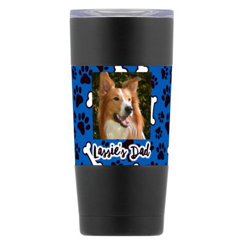 Personalized insulated steel mug personalized with evidence pattern and photo and the saying "Lassie's Dad"
