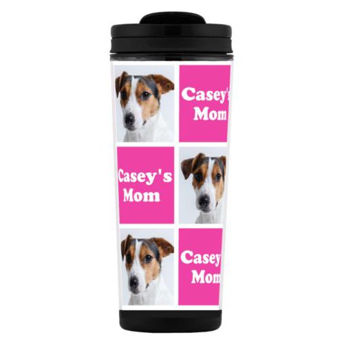 Custom tall coffee mug personalized with a photo and the saying "Casey's Mom" in juicy pink and white