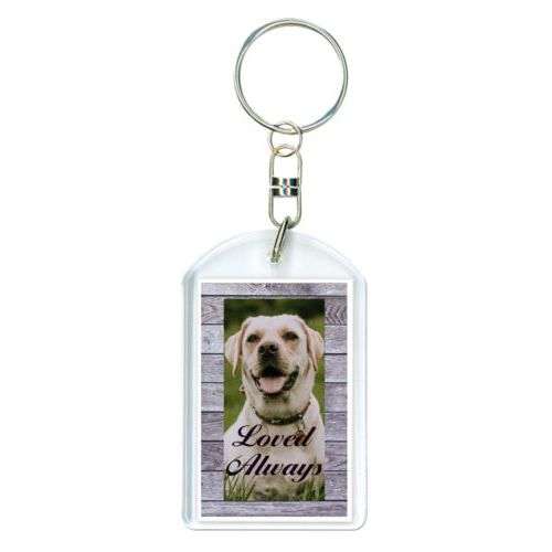 Personalized plastic keychain personalized with grey wood pattern and photo and the saying "Loved Always"