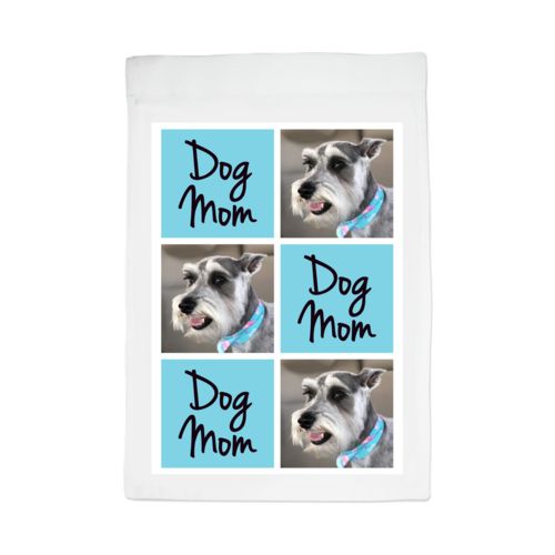 Personalized lawn flag personalized with a photo and the saying "dog mom" in black and sweet teal