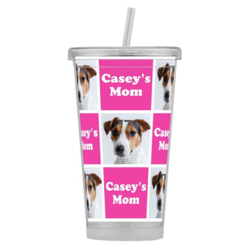 Personalized tumbler personalized with a photo and the saying "Casey's Mom" in juicy pink and white