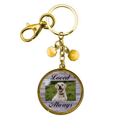 Personalized keychain personalized with grey wood pattern and photo and the saying "Loved Always"