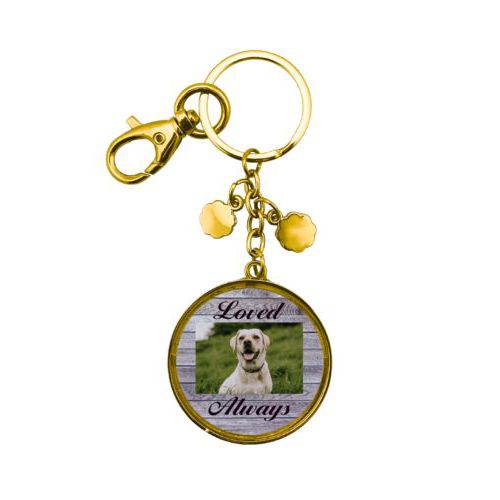 Personalized keychain personalized with grey wood pattern and photo and the saying "Loved Always"