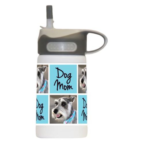 Kids water bottle for school personalized with a photo and the saying "dog mom" in black and sweet teal