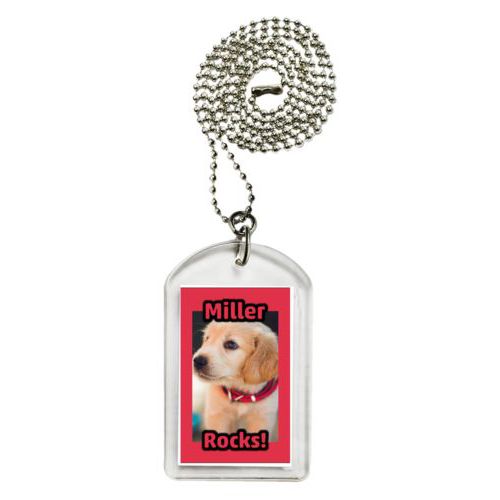 Personalized dog tag personalized with photo and the sayings "Miller" and "Rocks!"
