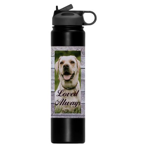 Custom stainless steel water bottle personalized with grey wood pattern and photo and the saying "Loved Always"