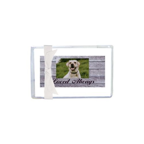 Personalized enclosure cards personalized with grey wood pattern and photo and the saying "Loved Always"