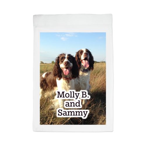 Personalized lawn flag personalized with photo and the saying "Molly B. and Sammy"