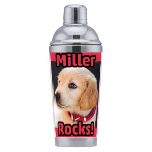 Cocktail shaker personalized with photo and the sayings "Miller" and "Rocks!"