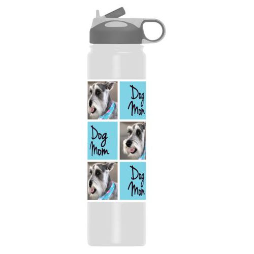 Insulated water bottle personalized with a photo and the saying "dog mom" in black and sweet teal