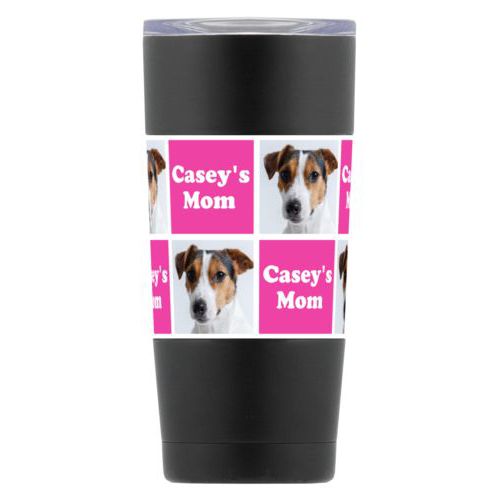 Personalized insulated steel mug personalized with a photo and the saying "Casey's Mom" in juicy pink and white