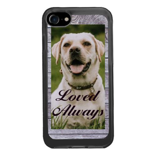 Personalized iphone 7 case personalized with grey wood pattern and photo and the saying "Loved Always"