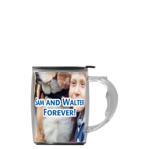 Custom mug with handle personalized with photo and the saying "Sam and Walter Forever!"