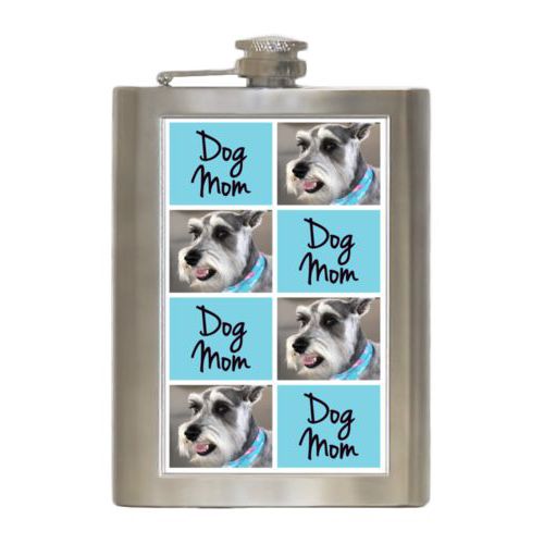 Personalized 8oz flask personalized with a photo and the saying "dog mom" in black and sweet teal