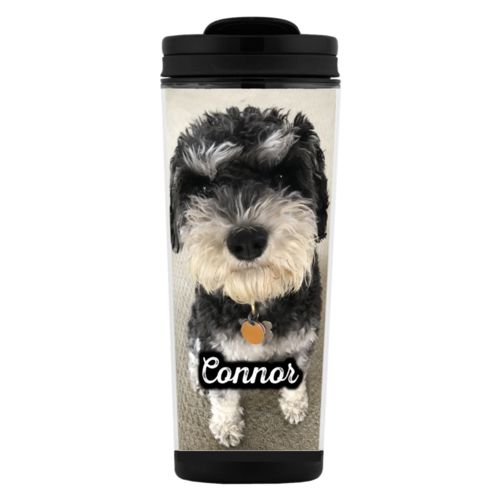 Custom tall coffee mug personalized with photo and the saying "Connor"