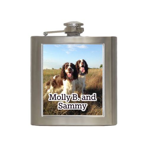Personalized 6oz flask personalized with photo and the saying "Molly B. and Sammy"