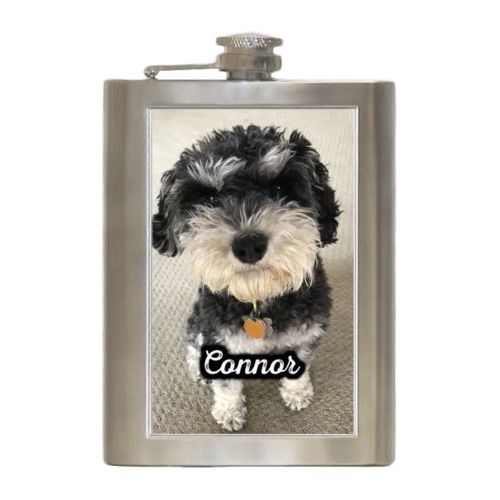 Personalized 8oz flask personalized with photo and the saying "Connor"
