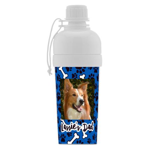Water bottle for girls personalized with evidence pattern and photo and the saying "Lassie's Dad"
