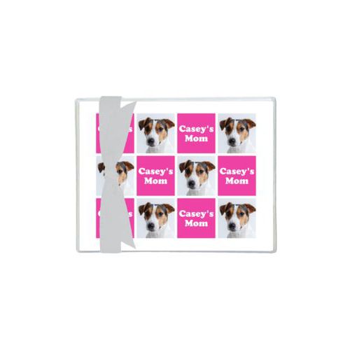 Personalized note cards personalized with a photo and the saying "Casey's Mom" in juicy pink and white