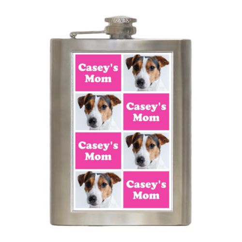 Personalized 8oz flask personalized with a photo and the saying "Casey's Mom" in juicy pink and white