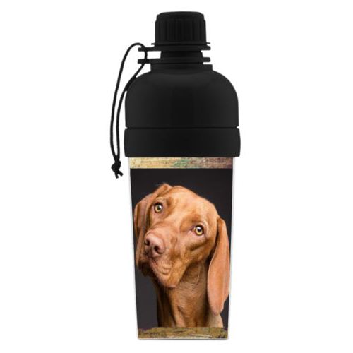 Kids water bottle personalized with brown rustic pattern and photo