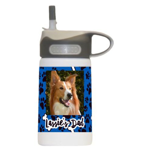 Kids water bottle personalized with evidence pattern and photo and the saying "Lassie's Dad"