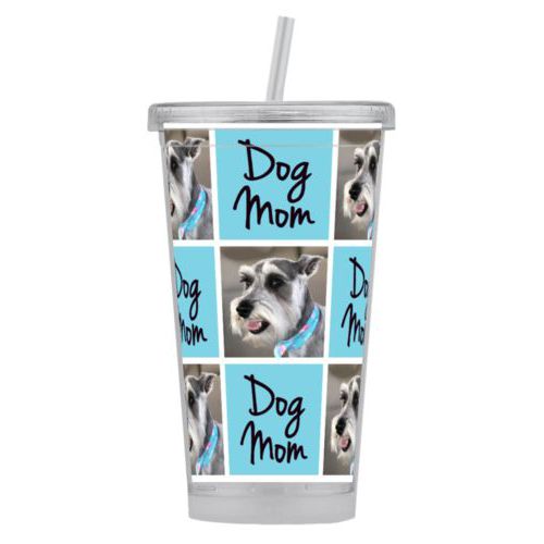 Personalized tumbler personalized with a photo and the saying "dog mom" in black and sweet teal