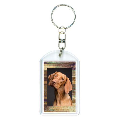 Personalized plastic keychain personalized with brown rustic pattern and photo