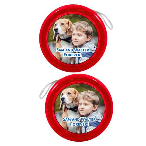 Personalized yoyo personalized with photo and the saying "Sam and Walter Forever!"