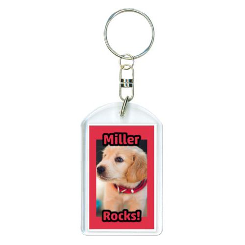 Personalized plastic keychain personalized with photo and the sayings "Miller" and "Rocks!"