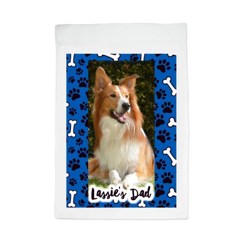 Personalized lawn flag personalized with evidence pattern and photo and the saying "Lassie's Dad"