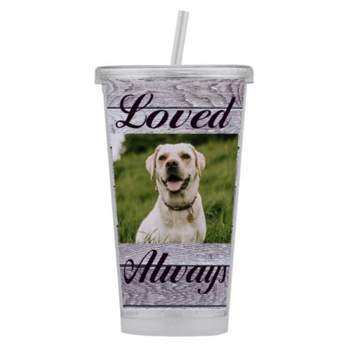 Personalized tumbler personalized with grey wood pattern and photo and the sayings "Loved" and "Always"