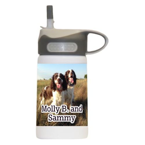 Insulated water bottle for kids personalized with photo and the saying "Molly B. and Sammy"