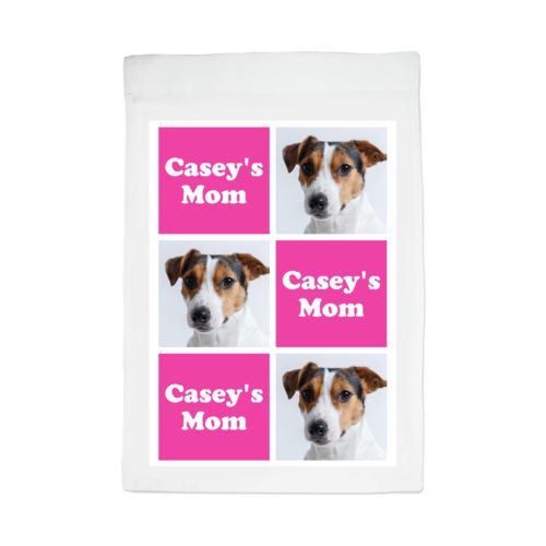 Personalized lawn flag personalized with a photo and the saying "Casey's Mom" in juicy pink and white