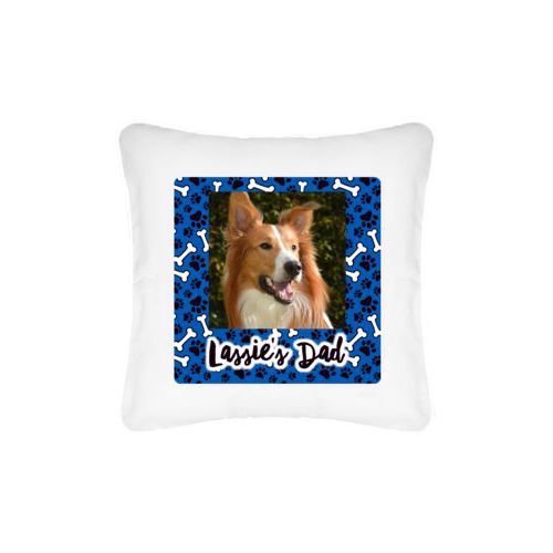 Personalized pillow personalized with evidence pattern and photo and the saying "Lassie's Dad"