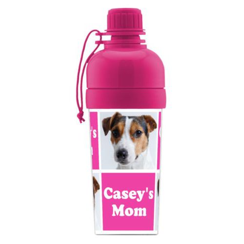 Kids water bottle personalized with a photo and the saying "Casey's Mom" in juicy pink and white