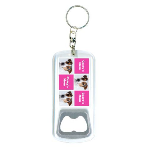 Personalized bottle opener personalized with a photo and the saying "Casey's Mom" in juicy pink and white