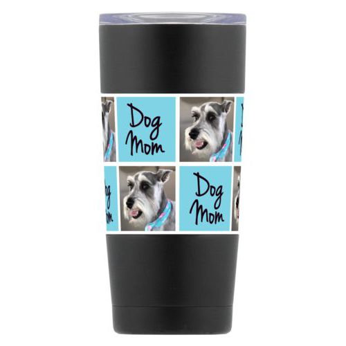 Personalized insulated steel mug personalized with a photo and the saying "dog mom" in black and sweet teal
