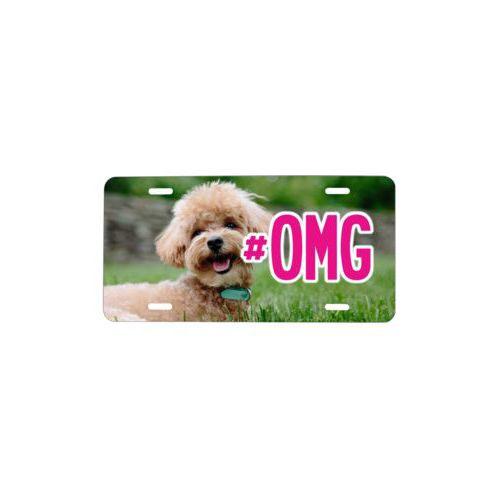 Custom license plate personalized with photo and the saying "#omg"
