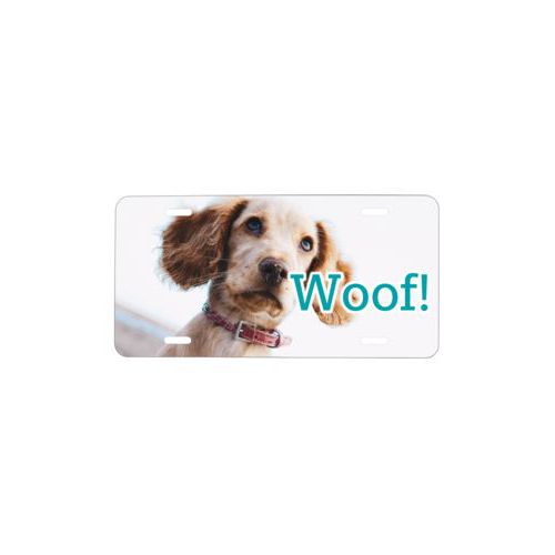 Custom license plate personalized with photo and the saying "Woof!"