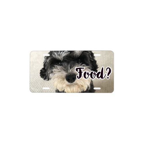 Custom car plate personalized with photo and the saying "Food?"