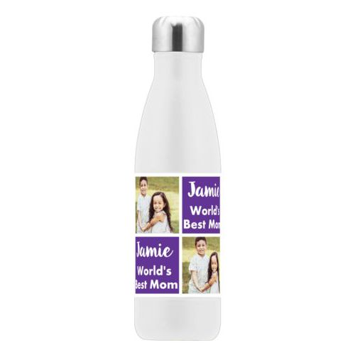 Custom stainless steel water bottle personalized with a photo and the saying "Jamie World's Best Mom" in purple and white