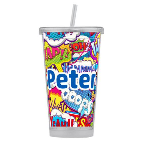 Personalized tumbler personalized with comics pattern and the saying "Peter"