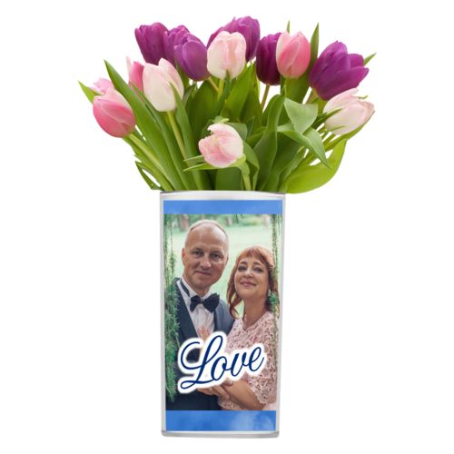 Personalized vase personalized with blue cloud pattern and photo and the saying "love"