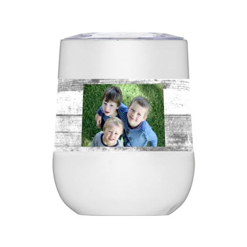 Personalized insulated wine tumbler personalized with white rustic pattern and photo